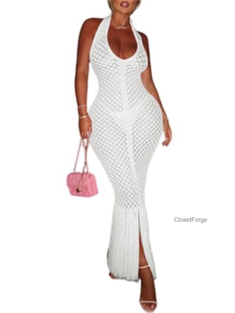 Crochet Bodycon Maxi Dress Halter Backless Knit Fringe Party Club Summer Beach